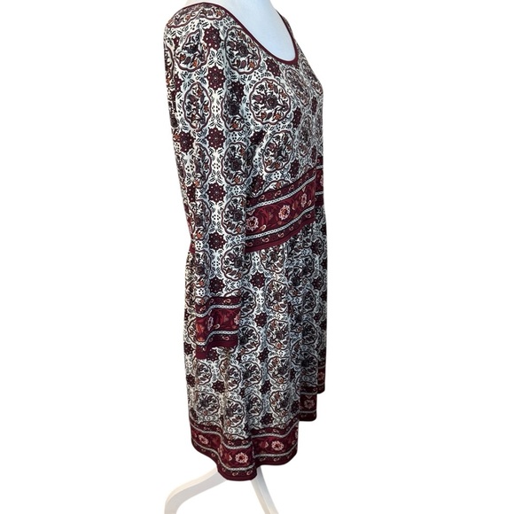 Max Studio 3/4 Sleeve Knee Length Dress Burgundy Cream Floral Boho Artsy Large - Picture 3 of 10